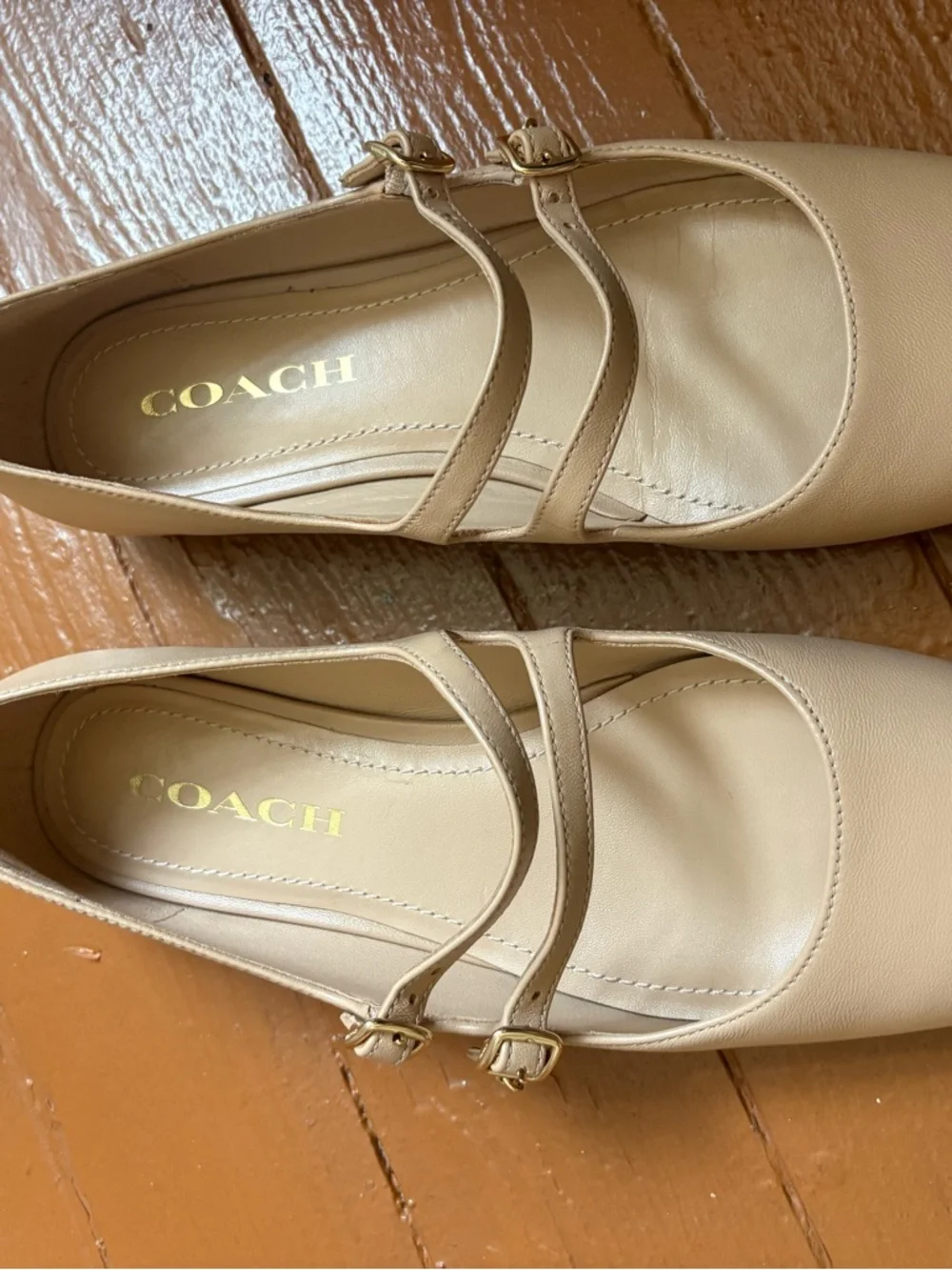 COACH Beige Double-Strap Mary Jane Flats